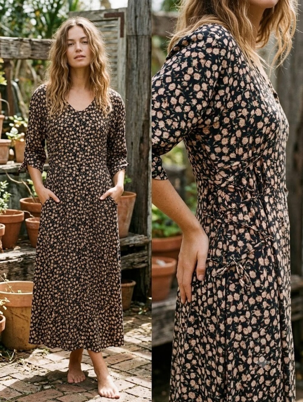Vintage Floral Lace Up Dress Size L
